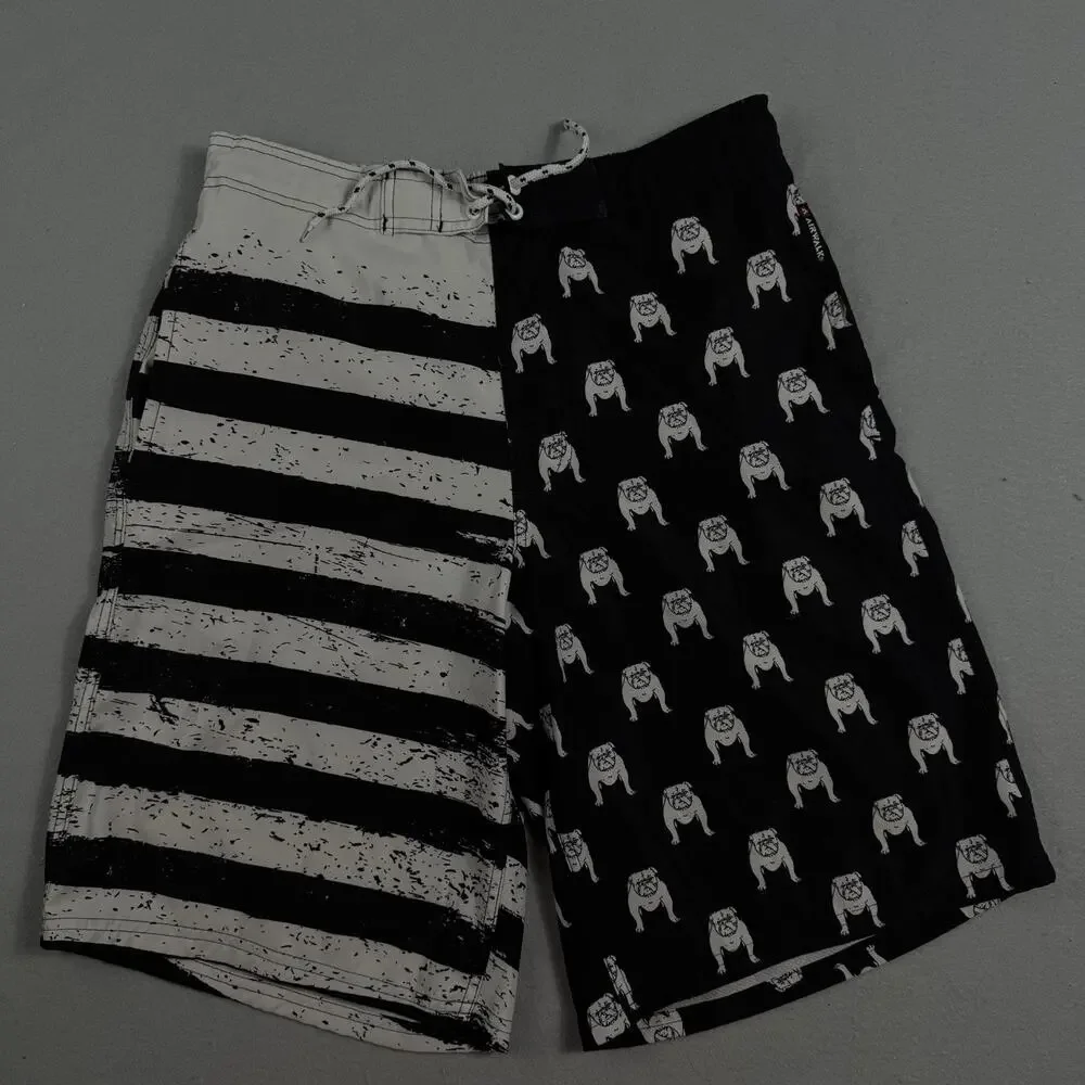Airwalk Board Shorts Mens S Black White Bulldog Surf Swim Elastic Waist